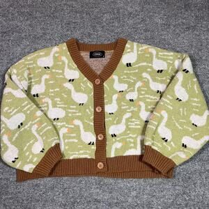 Cider Cardigan Sweater Womens Medium Green Goose Print Button Front Knit Cropped